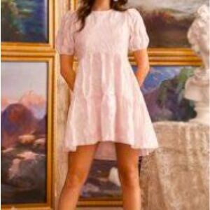 Puff Sleeve Appliques Keyhole Back Dress - Soft Pink